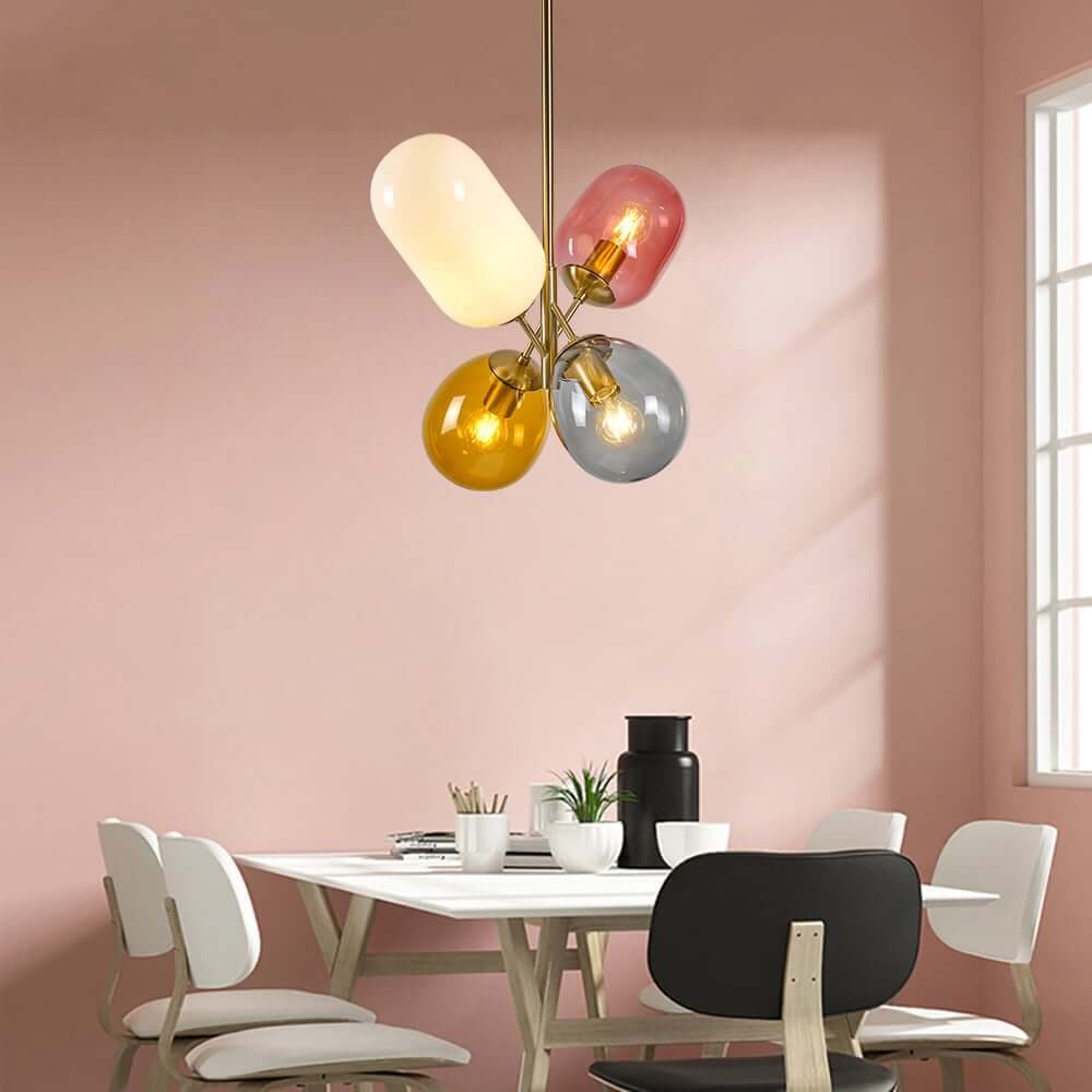 Modern 4-Light Globe Chandelier with Hand-Blown Colored Glass Shades