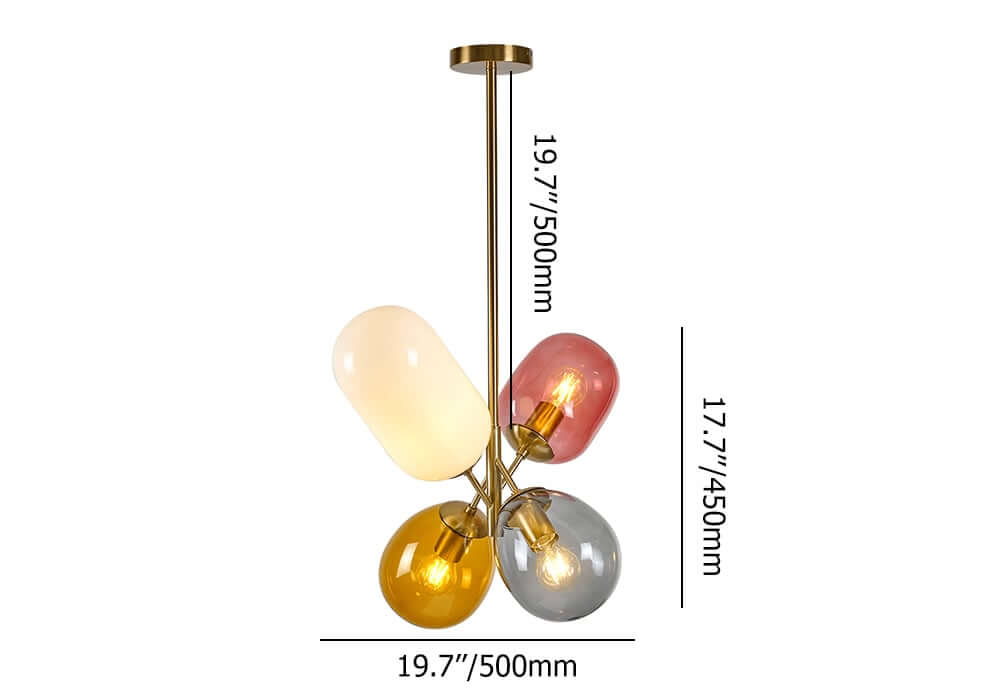 Modern 4-Light Globe Chandelier with Hand-Blown Colored Glass Shades Dimensions