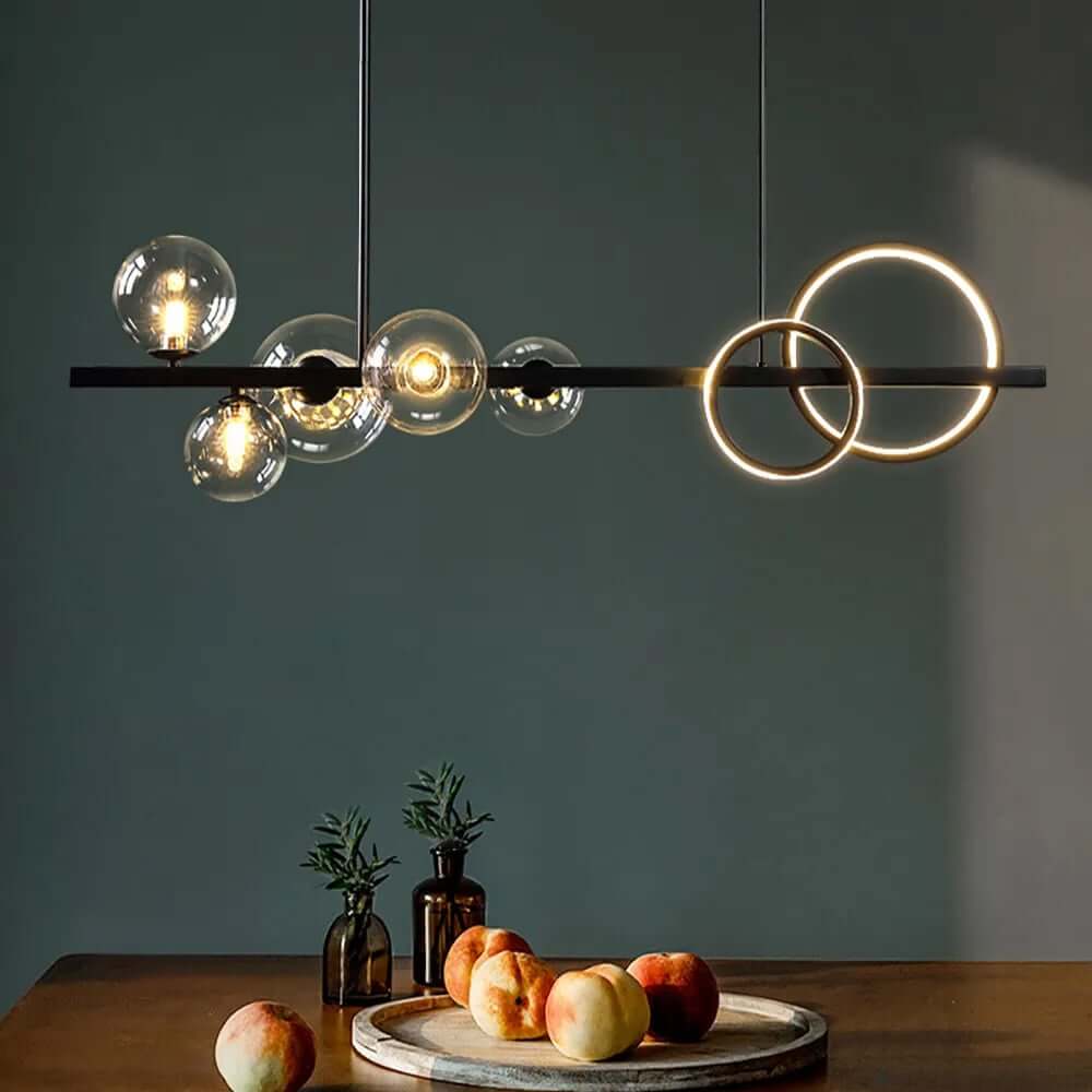 Modern 5-Light Globe and Ring Pendant Light in Black Glass