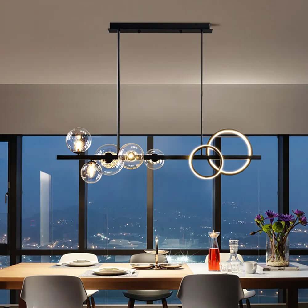 Modern 5-Light Globe and Ring Pendant Light in Black Glass