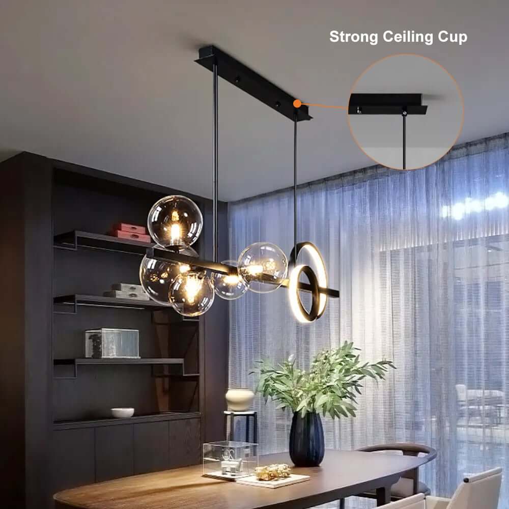 Modern 5-Light Globe and Ring Pendant Light in Black Glass