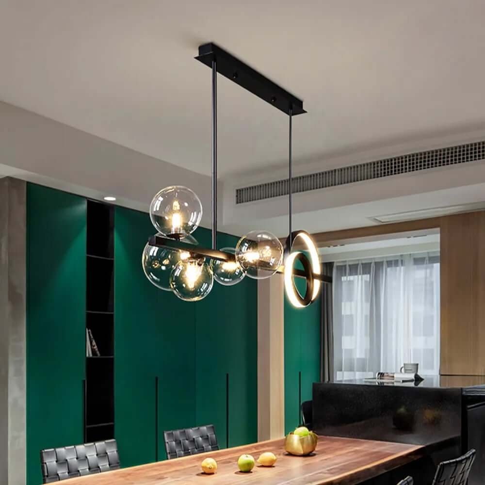 Modern 5-Light Globe and Ring Pendant Light in Black Glass