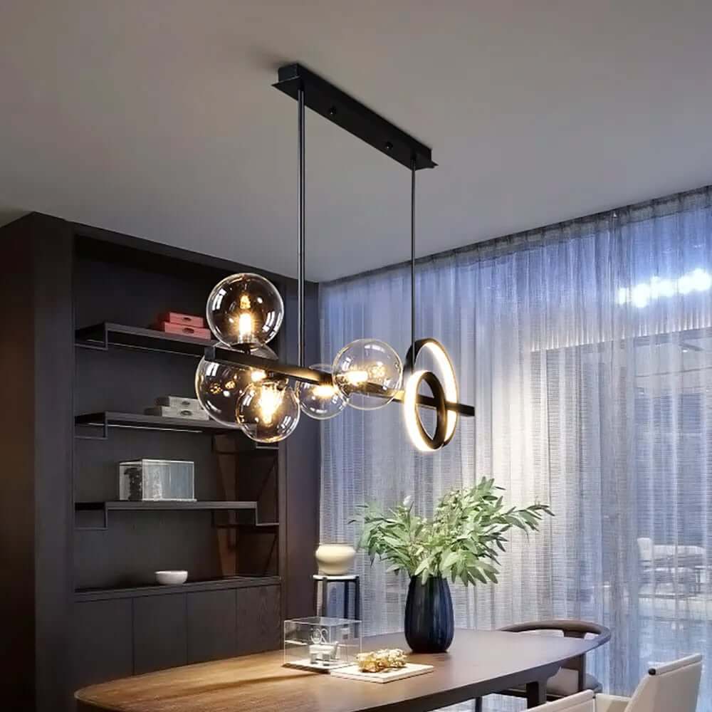 Modern 5-Light Globe and Ring Pendant Light in Black Glass