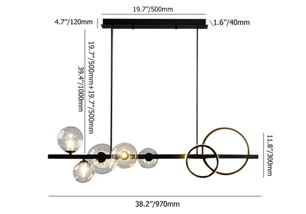 Modern 5-Light Globe and Ring Pendant Light in Black Glass Dimensions