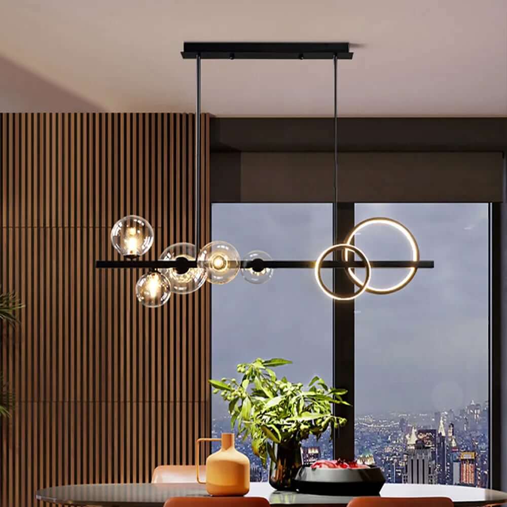 Modern 5-Light Globe and Ring Pendant Light in Black Glass Main Product Image