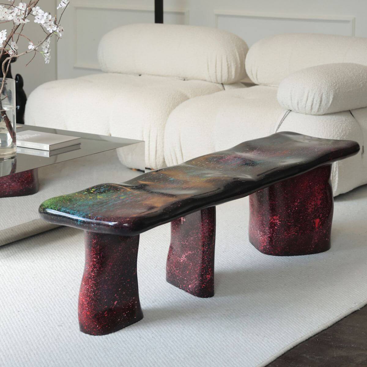 Modern Abstract Fiberglass Bench with Multicolor Speckled Surface