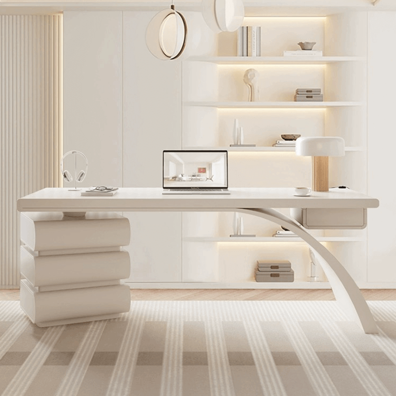 Modern Arc Base Office Desk Set With Drawers - Cream