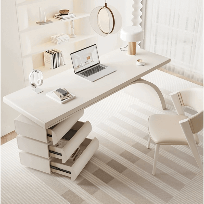 Modern Arc Base Office Desk Set With Drawers - Cream