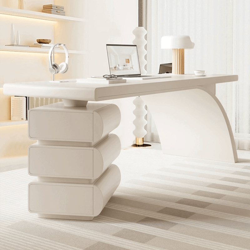 Modern Arc Base Office Desk Set With Drawers - Cream