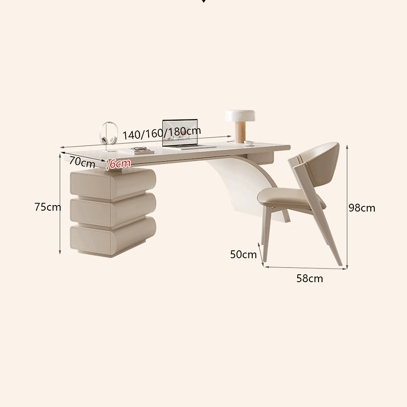 Modern Arc Base Office Desk Set With Drawers - Cream
