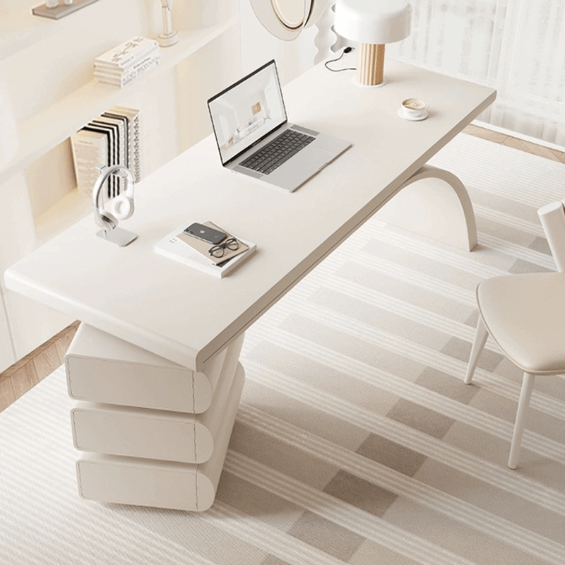 Modern Arc Base Office Desk Set With Drawers - Cream