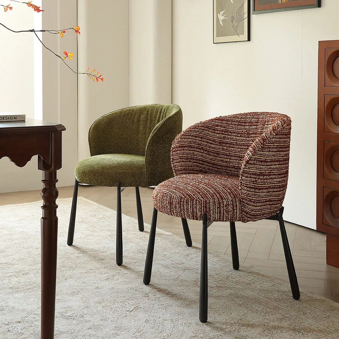 Modern Art Deco Dining Chair with Sculptural Arms and Textured Bouclé