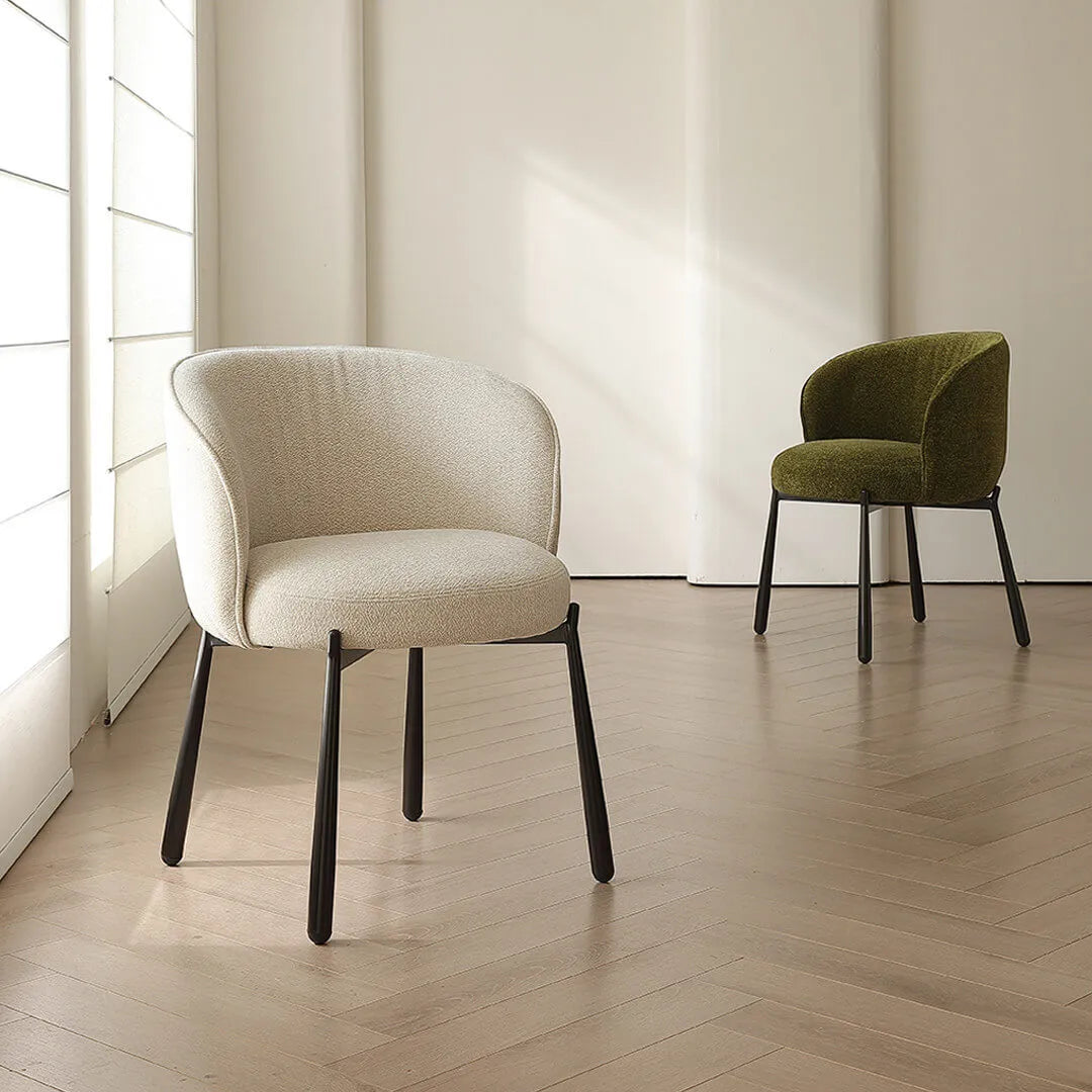 Modern Art Deco Dining Chair with Sculptural Arms and Textured Bouclé