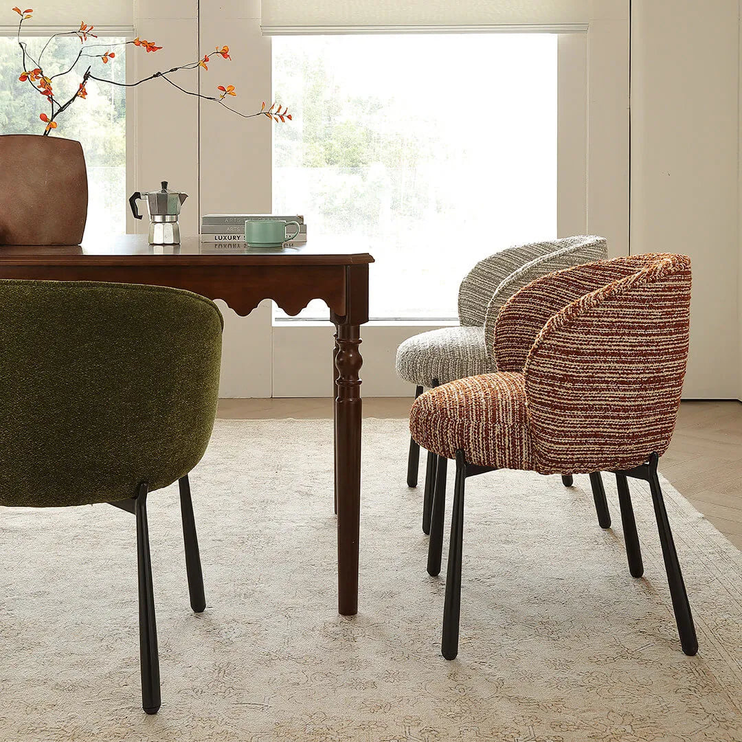 Modern Art Deco Dining Chair with Sculptural Arms and Textured Bouclé