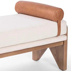 Modern Ash and Pine Upholstered Bench with Ivory Fabric Cushioning