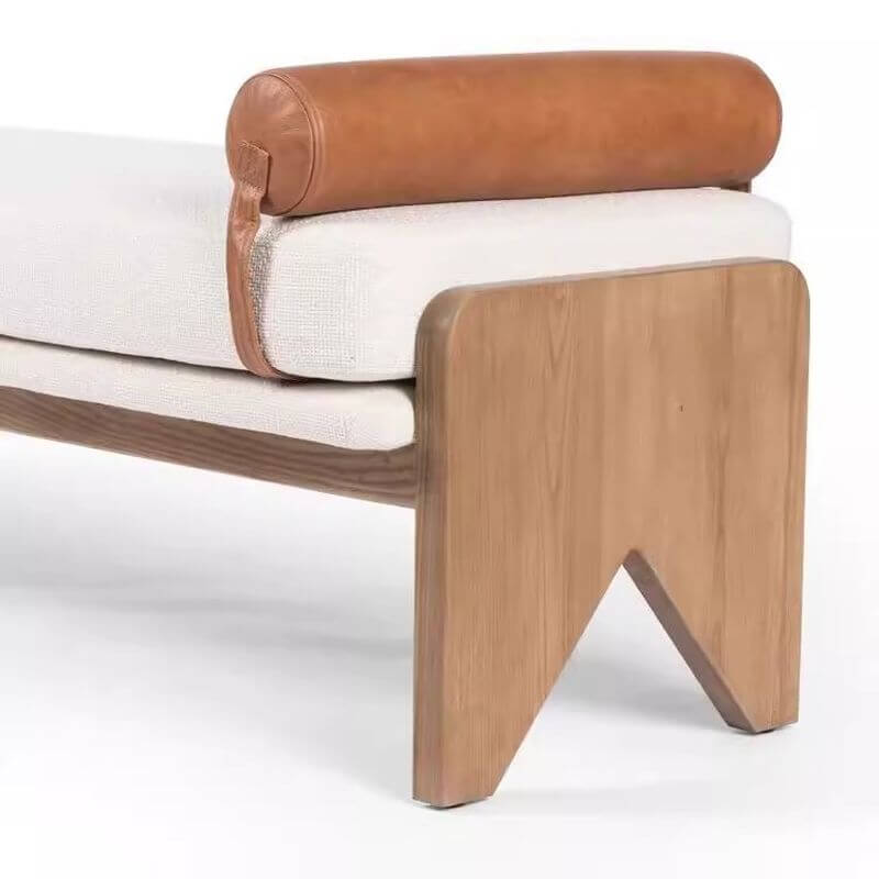 Modern Ash and Pine Upholstered Bench with Ivory Fabric Cushioning
