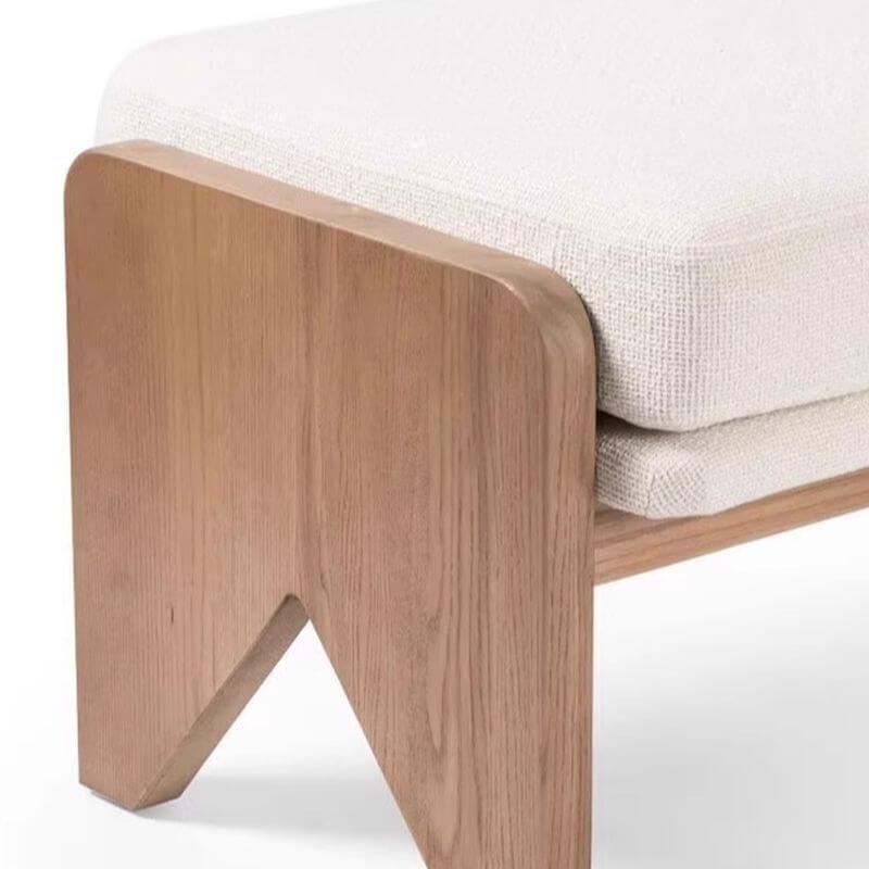 Modern Ash and Pine Upholstered Bench with Ivory Fabric Cushioning