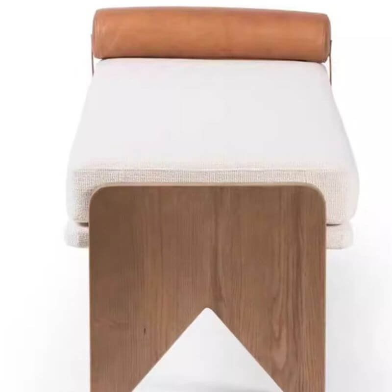 Modern Ash and Pine Upholstered Bench with Ivory Fabric Cushioning