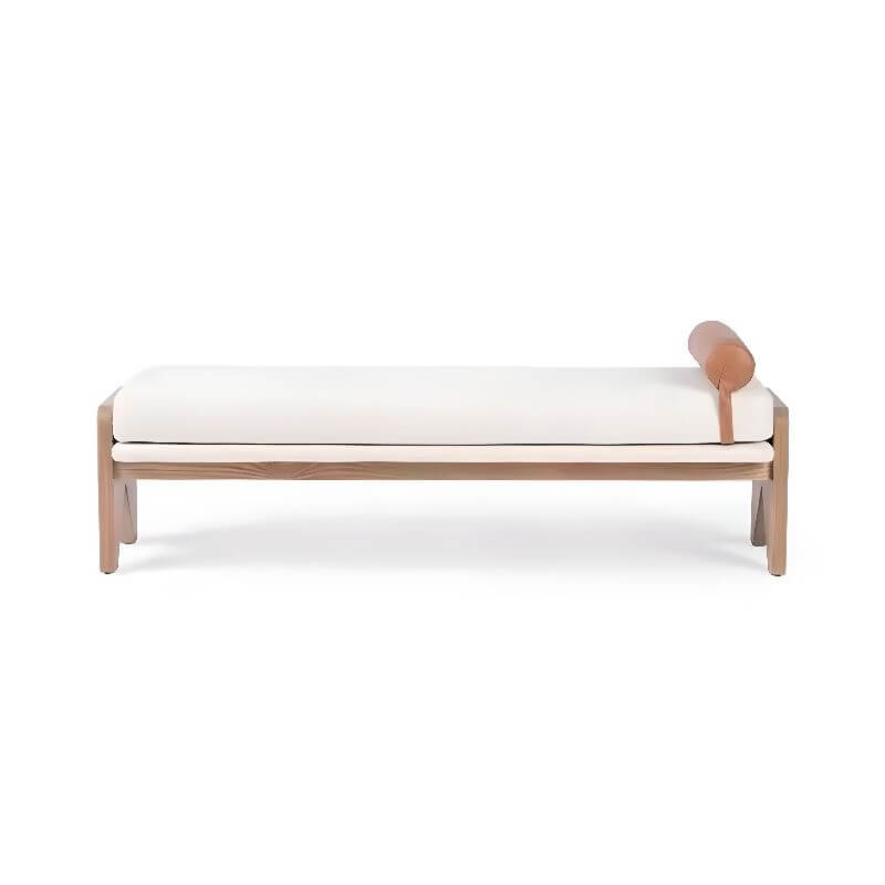 Modern Ash and Pine Upholstered Bench with Ivory Fabric Cushioning