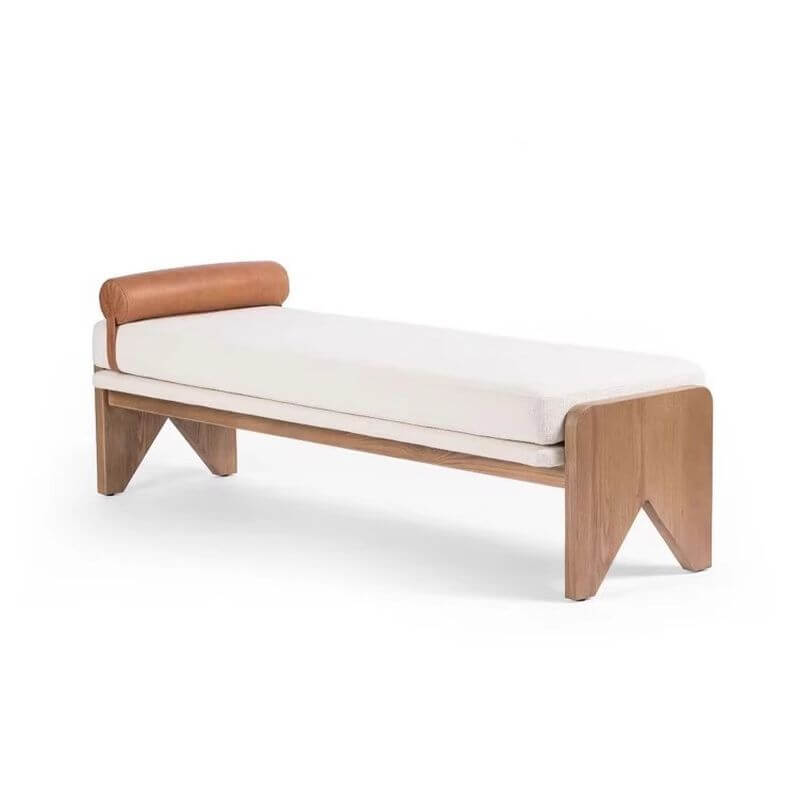 Modern Ash and Pine Upholstered Bench with Ivory Fabric Cushioning