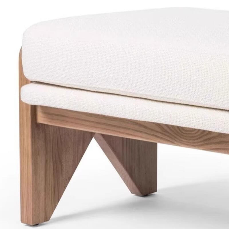 Modern Ash and Pine Upholstered Bench with Ivory Fabric Cushioning