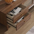 Modern Auburn Wood TV Stand with Drawers and Woven Panel Doors