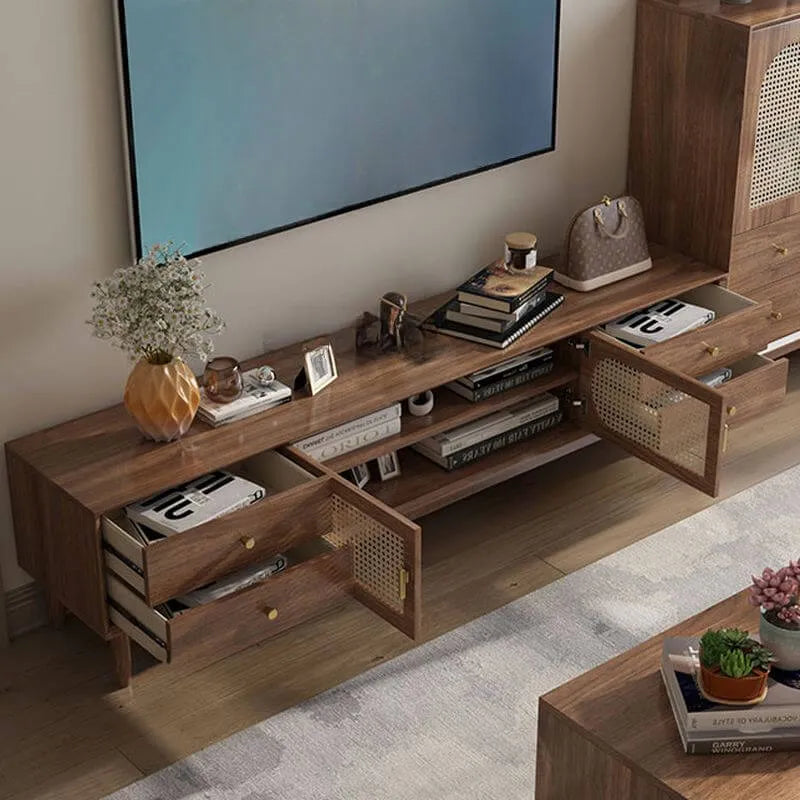 Modern Auburn Wood TV Stand with Drawers and Woven Panel Doors