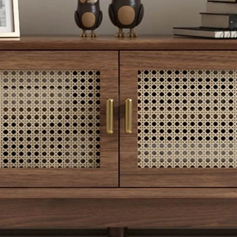 Modern Auburn Wood TV Stand with Drawers and Woven Panel Doors