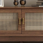 Modern Auburn Wood TV Stand with Drawers and Woven Panel Doors