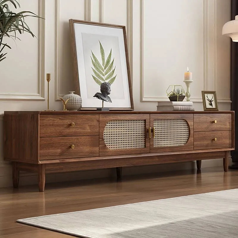Modern Auburn Wood TV Stand with Drawers and Woven Panel Doors