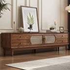 Modern Auburn Wood TV Stand with Drawers and Woven Panel Doors