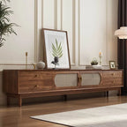 Modern Auburn Wood TV Stand with Drawers and Woven Panel Doors