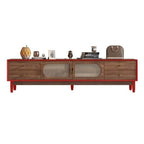 Modern Auburn Wood TV Stand with Drawers and Woven Panel Doors