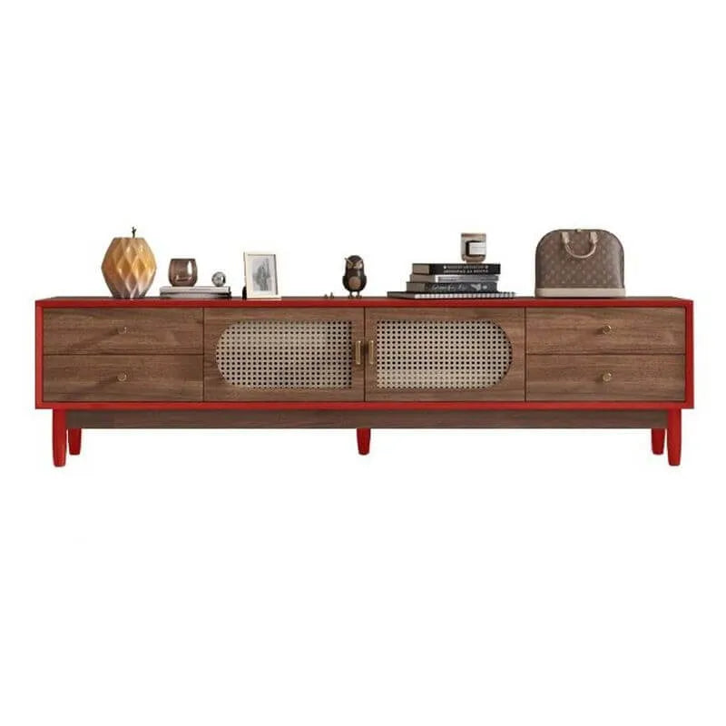 Modern Auburn Wood TV Stand with Drawers and Woven Panel Doors