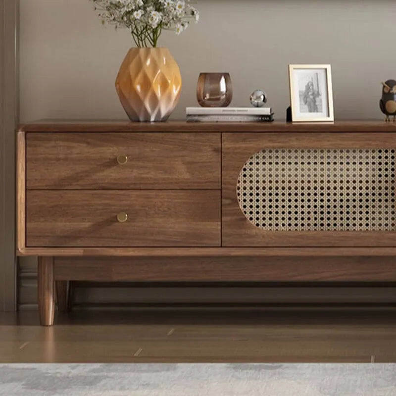 Modern Auburn Wood TV Stand with Drawers and Woven Panel Doors Secondary image