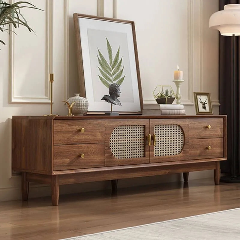 Modern Auburn Wood TV Stand with Drawers and Woven Panel Doors