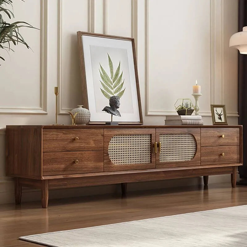 Modern Auburn Wood TV Stand with Drawers and Woven Panel Doors