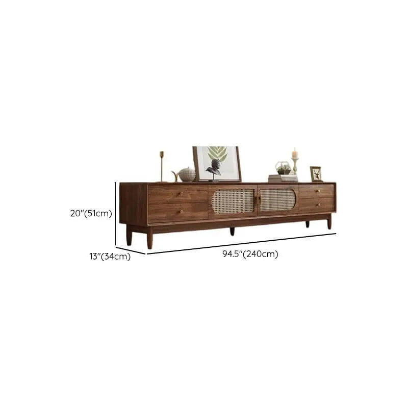 Modern Auburn Wood TV Stand with Drawers and Woven Panel Doors Dimensions