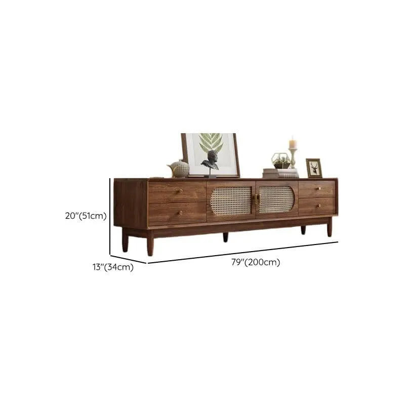 Modern Auburn Wood TV Stand with Drawers and Woven Panel Doors Dimensions