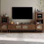 Modern Auburn Wood TV Stand with Drawers and Woven Panel Doors Main Product Image