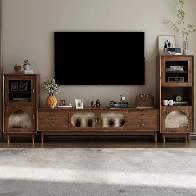 Modern Auburn Wood TV Stand with Drawers and Woven Panel Doors Main Product Image Main image