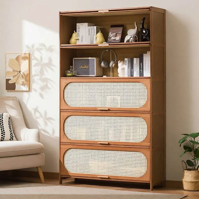 Modern Bamboo Bookcase with Polymer Rattan Cabinet Doors