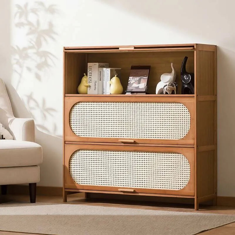 Modern Bamboo Bookcase with Polymer Rattan Cabinet Doors