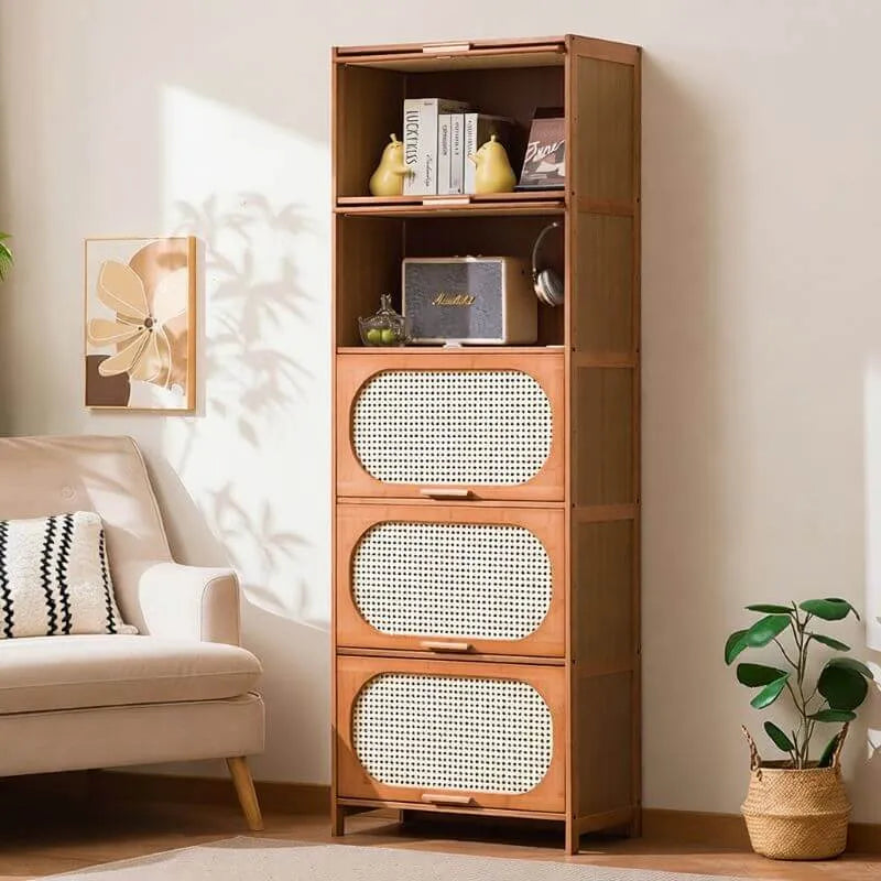 Modern Bamboo Bookcase with Polymer Rattan Cabinet Doors