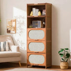 Modern Bamboo Bookcase with Polymer Rattan Cabinet Doors