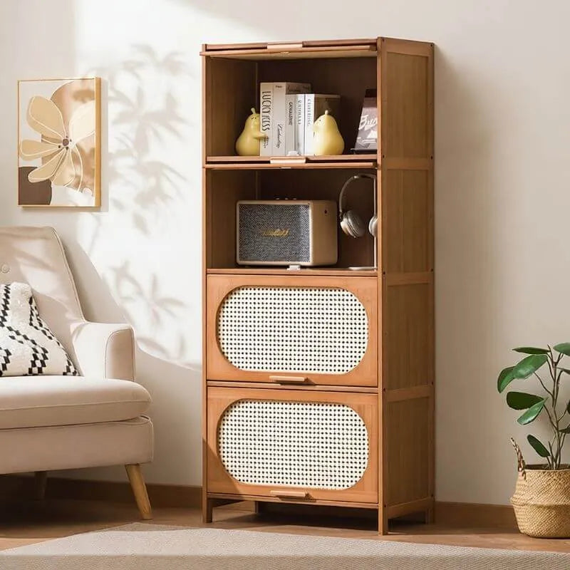 Modern Bamboo Bookcase with Polymer Rattan Cabinet Doors