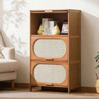 Modern Bamboo Bookcase with Polymer Rattan Cabinet Doors