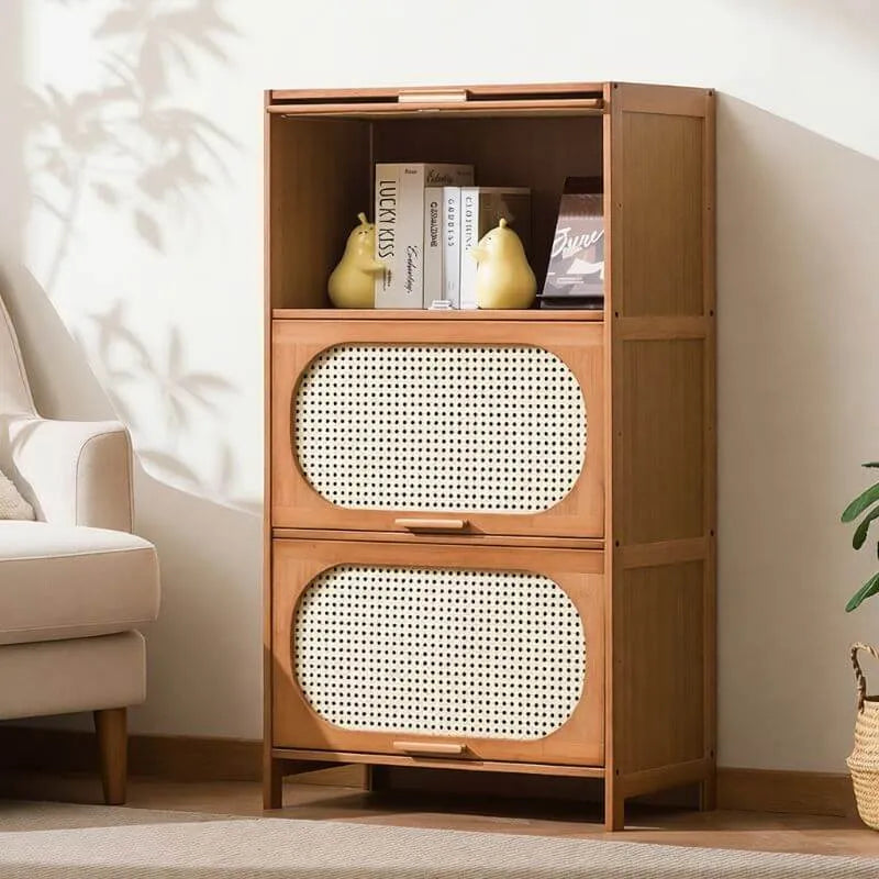 Modern Bamboo Bookcase with Polymer Rattan Cabinet Doors