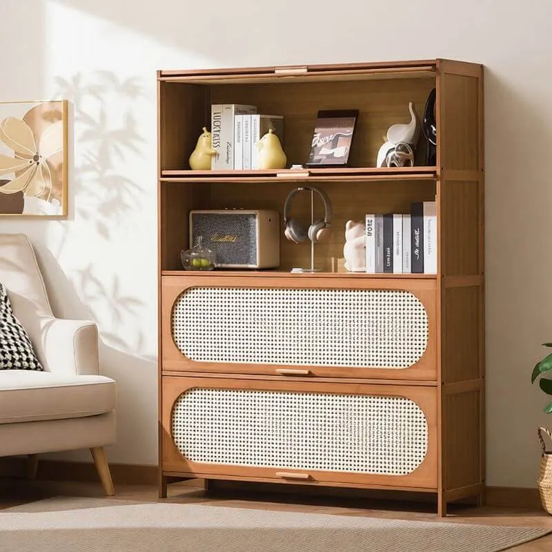 Modern Bamboo Bookcase with Polymer Rattan Cabinet Doors