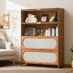 Modern Bamboo Bookcase with Polymer Rattan Cabinet Doors